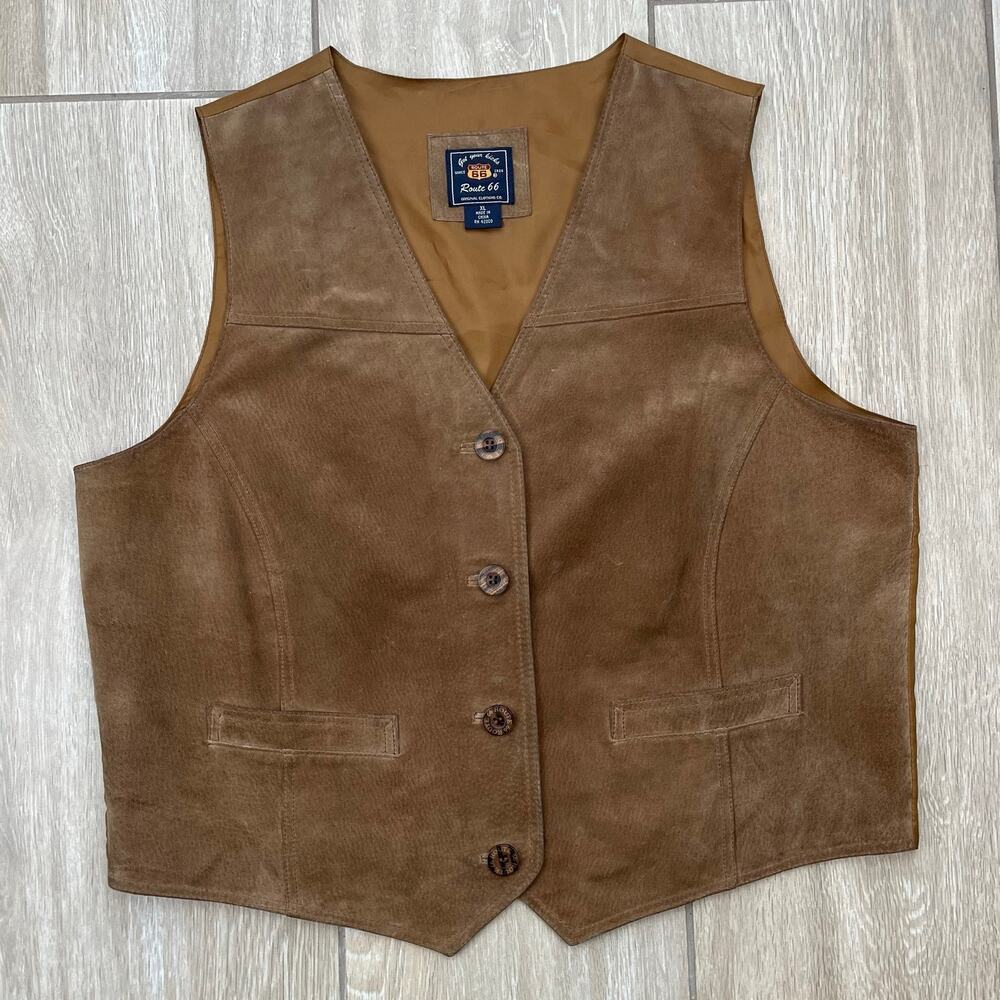 Vintage Y2K Route 66 Leather Vest Women XL Brown Genuine Leather Western Biker